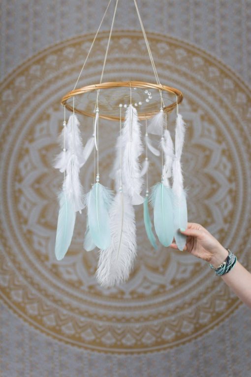 Mint and White Dreamcatcher Mobile - With Size reference