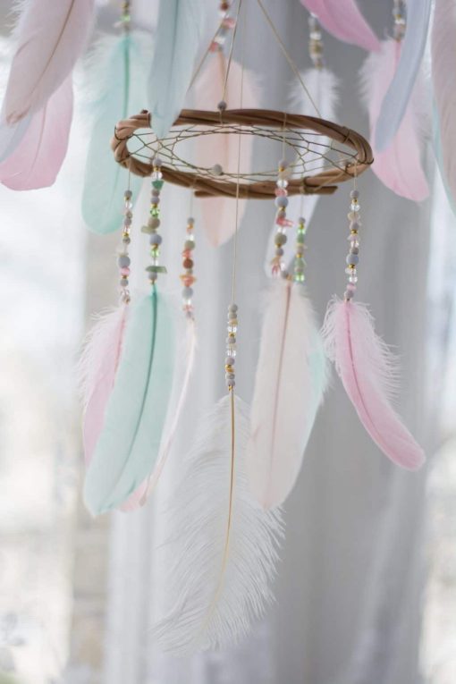 Pastel Chandelier Dream Catcher Mobile Closeup of Beading And Large Feather