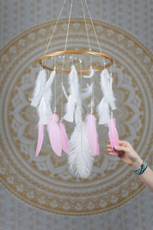Pink and White Dreamcatcher Mobile - With Size reference